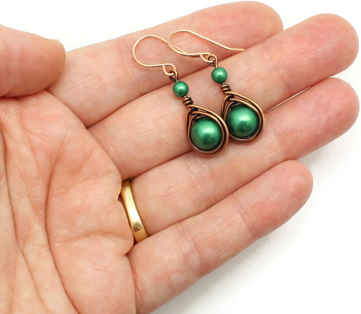 Pillar of Salt Studio Handcrafted Copper Earrings with Simulated Pearl and Rose Gold-filled Ear wires (Antiqued Copper, 1" drop, Eden Green)