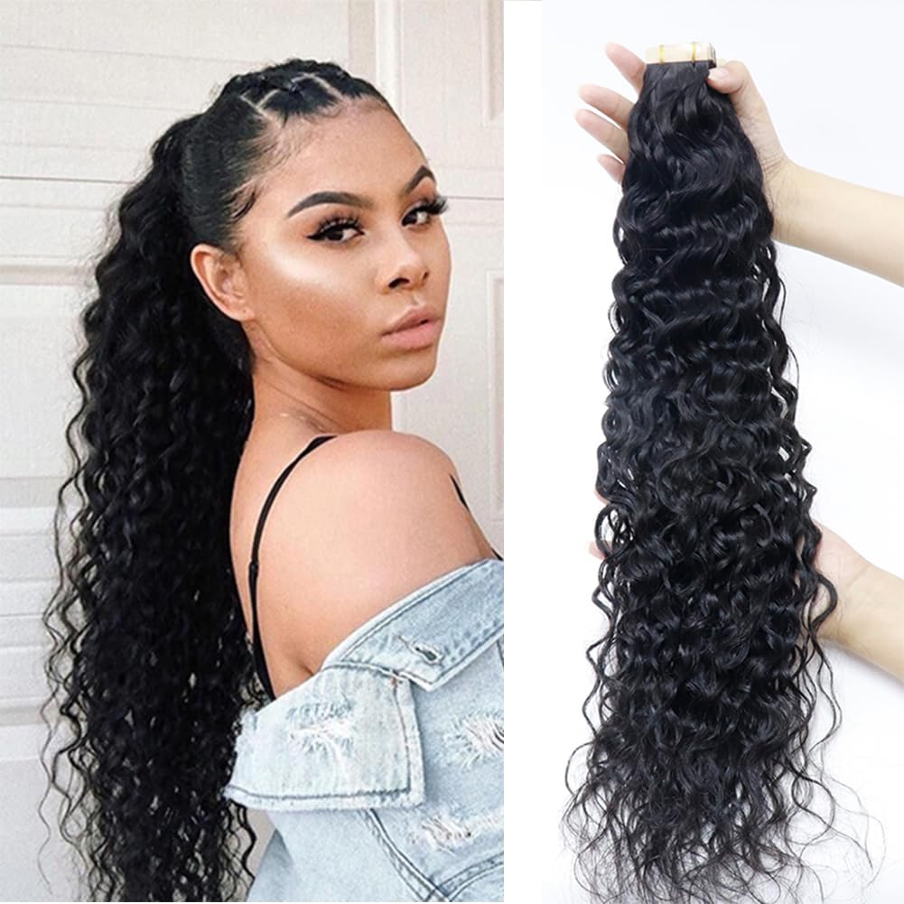 Kiss darling Tape in Hair Extensions Water Wave Real Human Hair Skin Weft Tape in Extensions for Women 30inch 40pcs 100g Natural Black Wet & Wavy