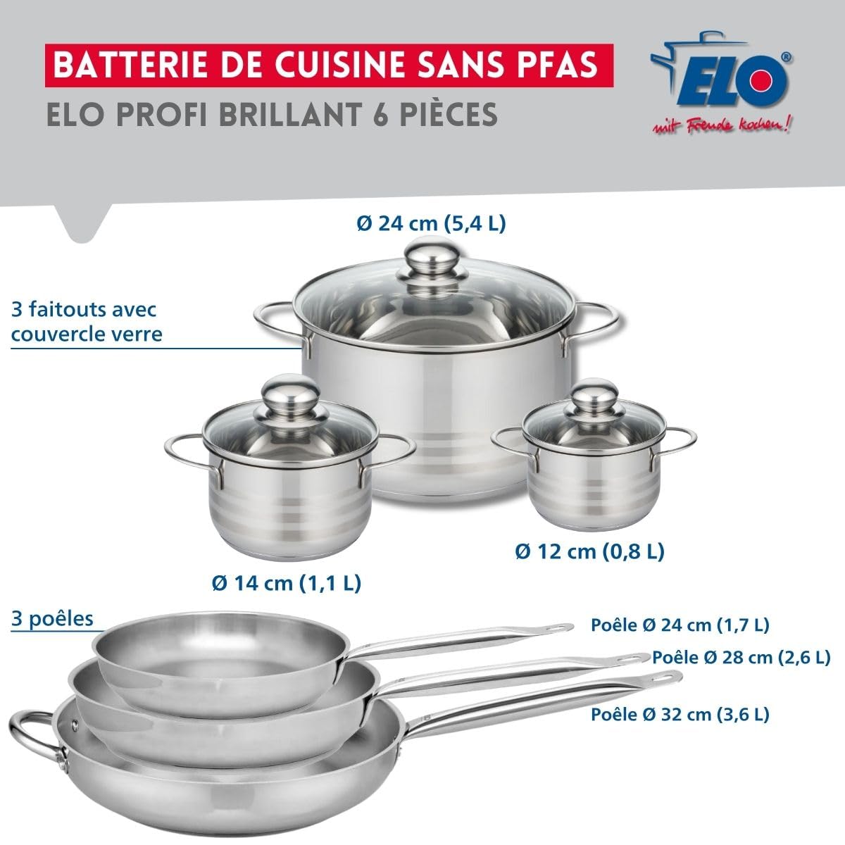Elo Batterie cuisine 3 poêles 24/28/32 cm et 3 faitouts 12/14/24 cm