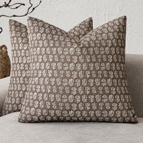 Foindtower Set of 2 Decorative Neutral Floral Print Throw Pillow Covers Vintage Accent Farmhouse Cushion Covers Boho Home Decor for Sofa Chair Couch Bedroom Living Room Outdoor,18×18 Inch,Brown