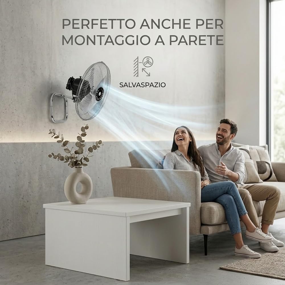 BAKAJI Ventilatore Manila 3 in 1 con Pale in Acciaio, Utilizzabile a Piantana Indipendente, Muro e Parete, Tavolo da Appoggio, Flusso d'Aria Potente, 3 Velocità Selezionabili, Silenzioso