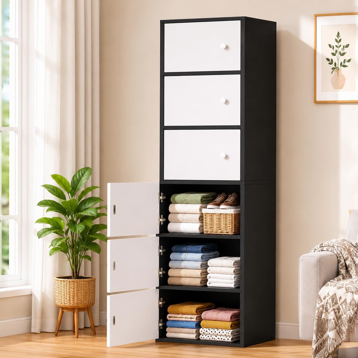 EXVITO Engineered Wood Wardrobe for Bedroom | Foldable 6-Shelf Wooden Storage Cabinet | Cupboard Almirah for Clothes | Collapsible Wardrobe | Space Saving Wooden Cabinet - Black