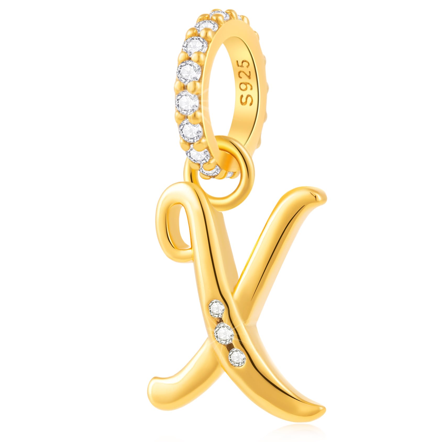 GEMDAZZ 18k Yellow Gold Plated 26 Letter Dangle CZ Charms 925 Sterling Silver Complete Initial A-Z Alphabet Beads