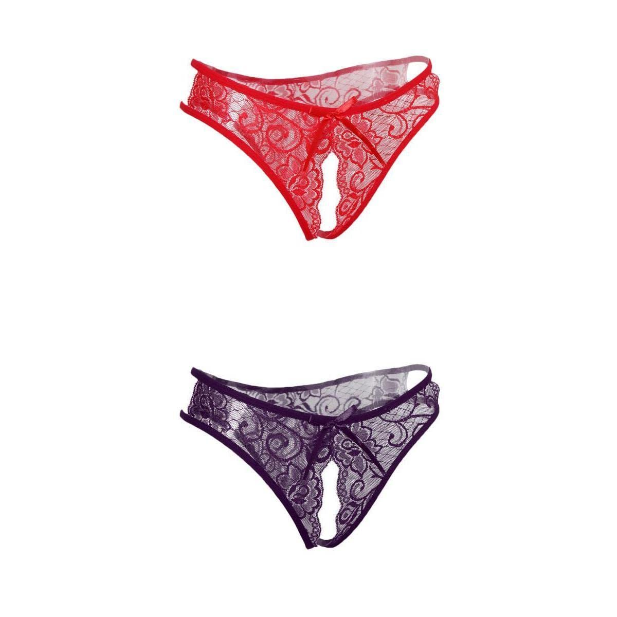 2 Pieces Womens Floral Lace Thong Underwear Crotchless Panties Lingerie-image-13