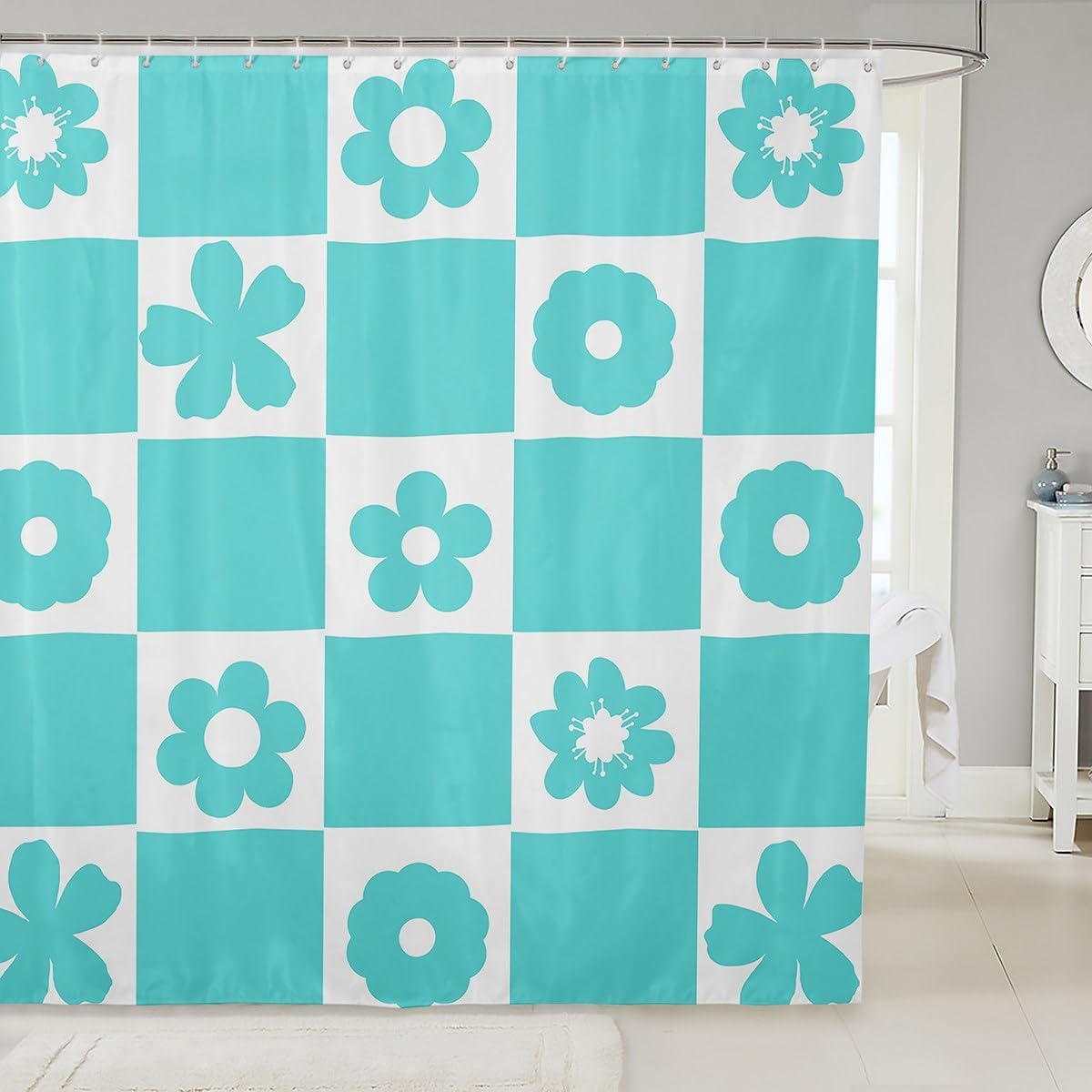 Feelyou Cute Flowers Checked Shower Curtain for Bathroom Decor Blue White Plaid Bath Curtain Geometric Preppy Bathroom Accessories Fashion Geometric Style Waterproof Fabric with 12 Hooks 72"x72"