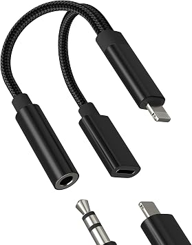for iPhone AUX Adapter for Apple 2in1 Lightning to 3.5mm Jack Headphone Charger Dongle Cable Audio Cord Splitter Car Connector for IPad Adaptor Wired Earphone Converter Dual Earbud Lighting MFI