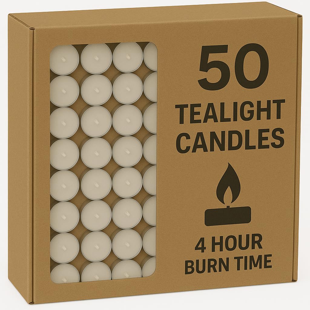 Bargain House Unscented Tea Lights,4 Hour Burn Time (3.8cm D x 1.8cm H),Smoke-Free,Clean Bright Flame – Long-Lasting Wax Tealight Candles, Ideal for Weddings,Home Décor,Aromatherapy (Pack of 50)