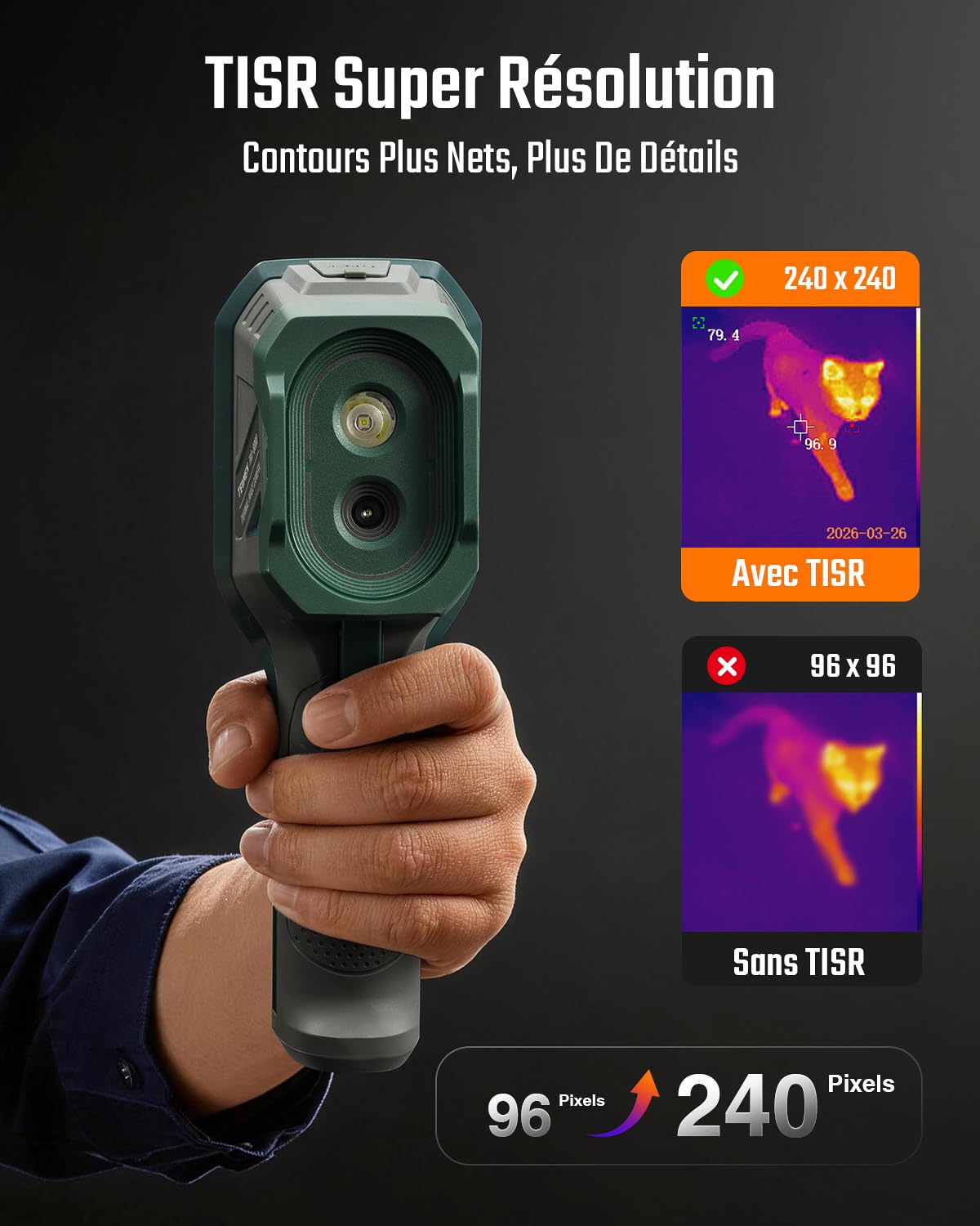 TESMEN TKA-6000 Caméra Thermique, TISR 240 x 240, -20℃~550℃, Caméra Thermique Infrarouge portative 25 Hz, Ultra-Sensible 40 MK, Suivi en Direct pour Entretien Maison, Inspection Fuites et CVC