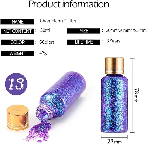 Miniatura 6 de GL-Turelifes Gel corporal con purpurina gruesa de sirena, gel corporal con purpurina camaleón, cosmético para festivales, rostro, cuerpo, cabello,