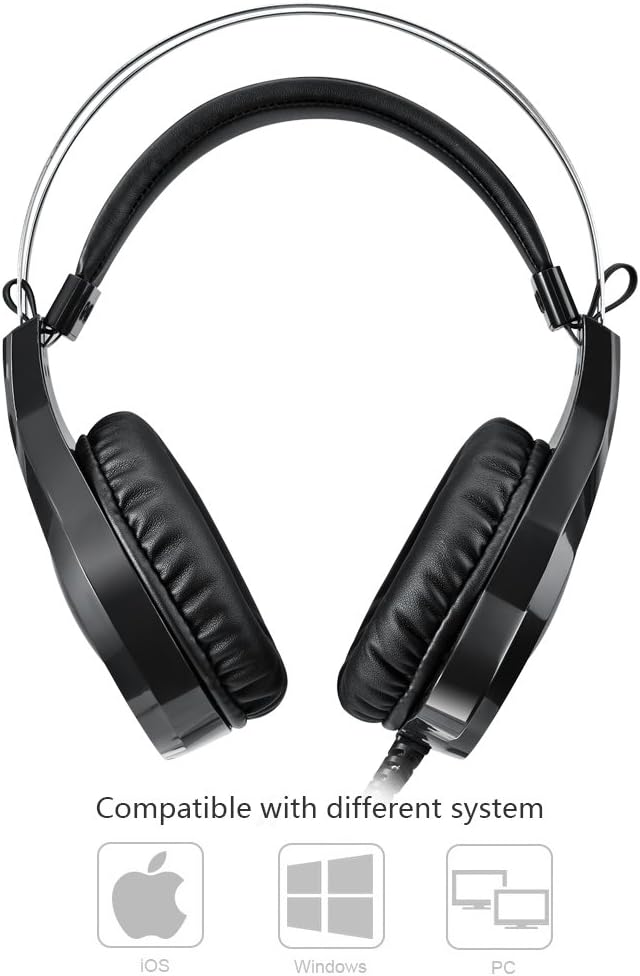 NUOXI N1 Gaming Headset,3.5mm Wired Bass Stereo Noise Isolation with Microphone 7 Colour Breathing LED Lighting Headphone for PC Computer Games Black
