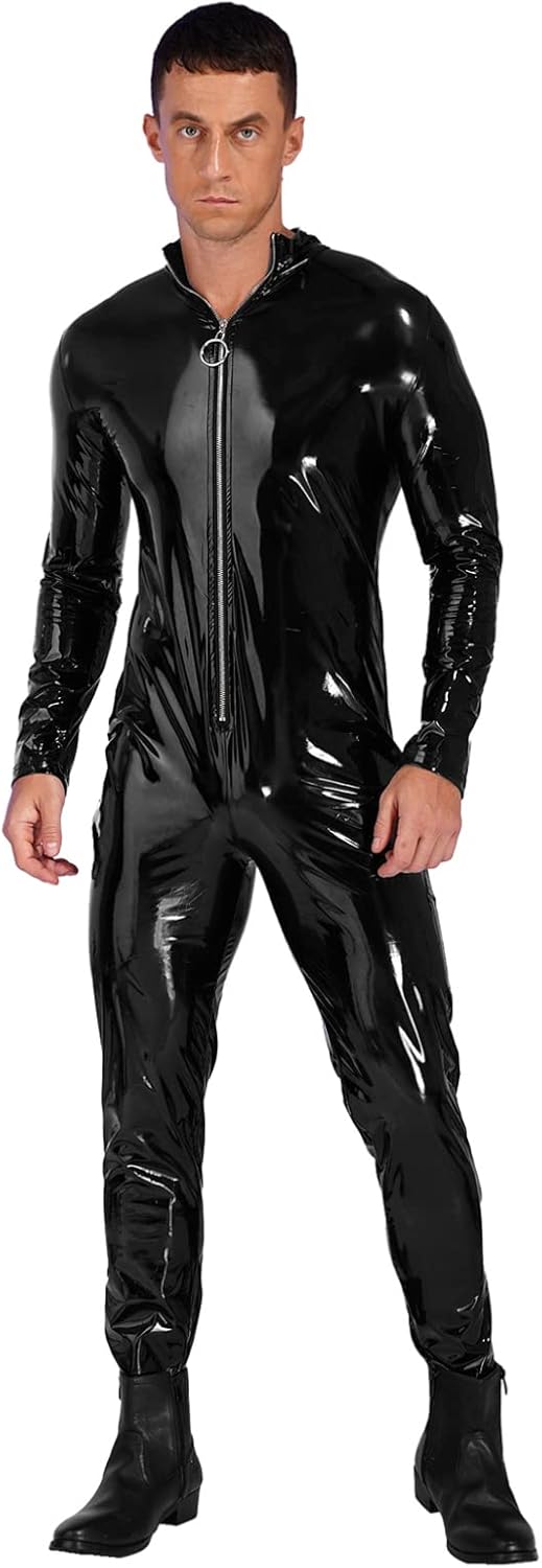 AGJGFM Mens Adult Full Body Suit Patent Leather Hooded Jumpsuit Zipper Zentai Catsuit Costume