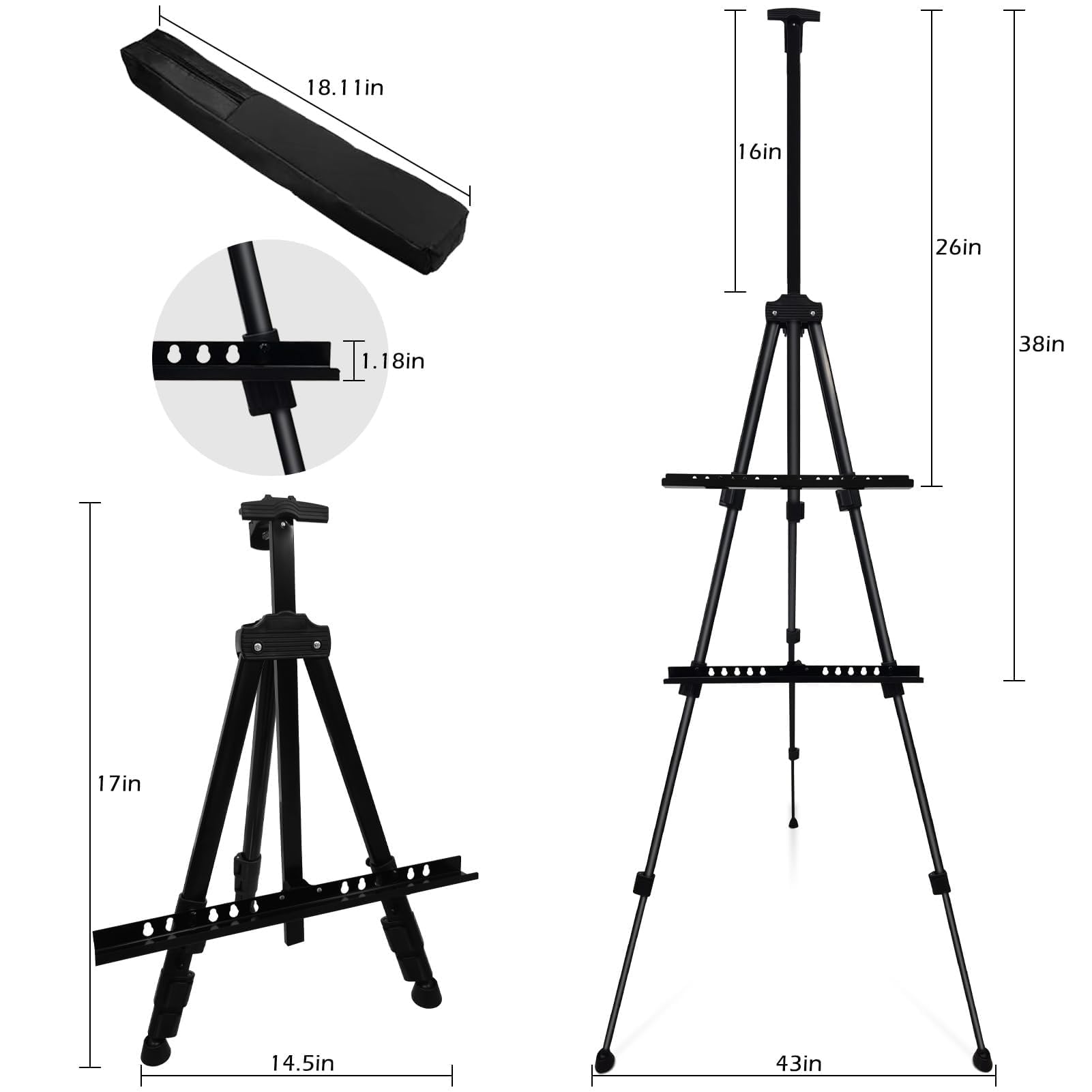Ns Jymb Caballete de metal de 66 pulgadas para pintar lienzos, caballete de arte ajustable para adultos, mesa y uso al aire libre, caballete portátil ligero para exhibición y dibujo, soporte de