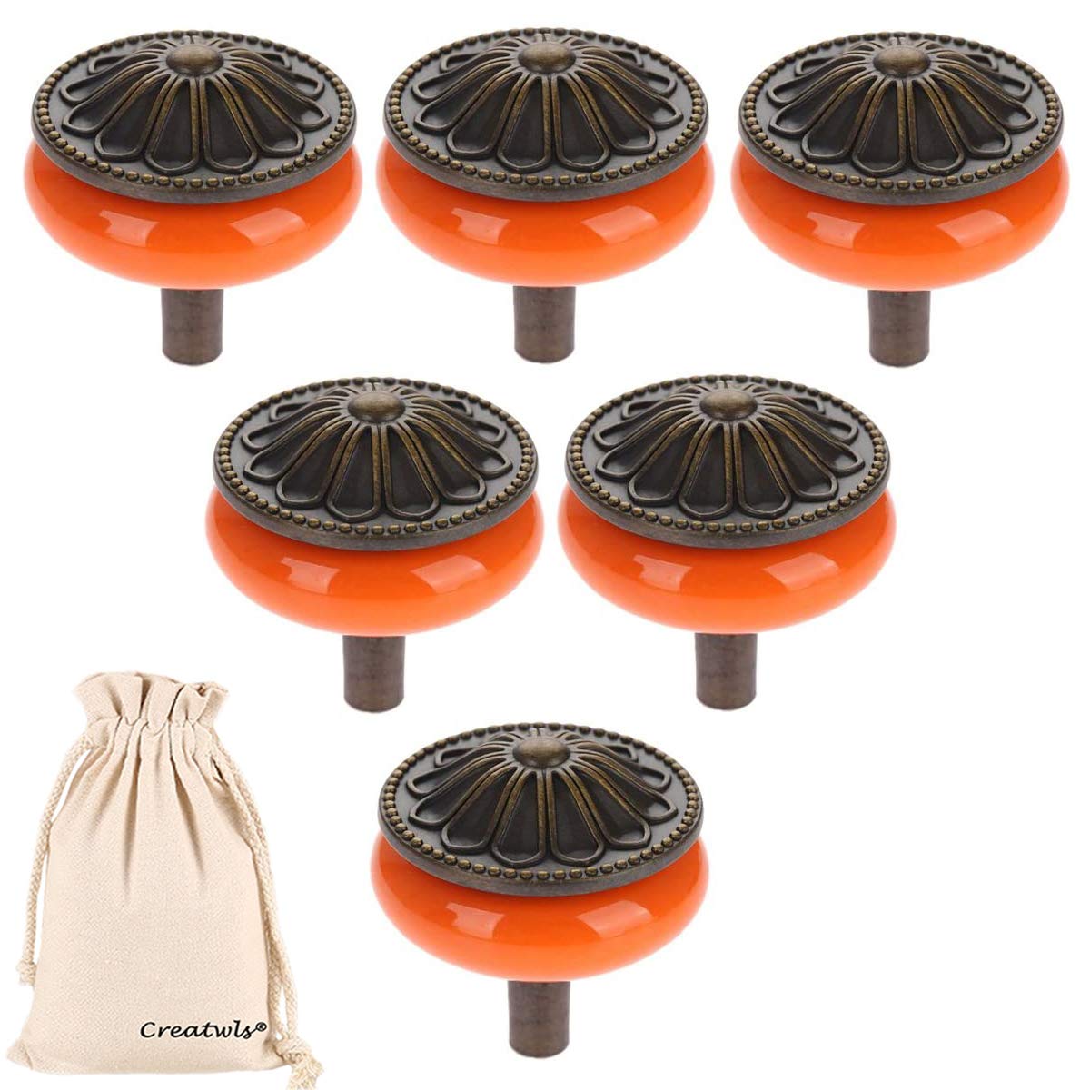 Creatwls Orange 6Pcs Bronze Ceramic Door Knobs Round Handmade Kitchen Cupboard & Drawer Knobs - Cabinet Pulls Handle
