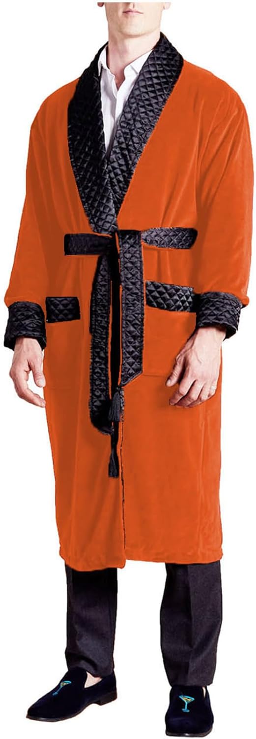 Men's Velvet Smoking Jacket Regular Fit Long Overcoat with Belt Prom Double Breasted Cigar Robe for Wedding Dinner