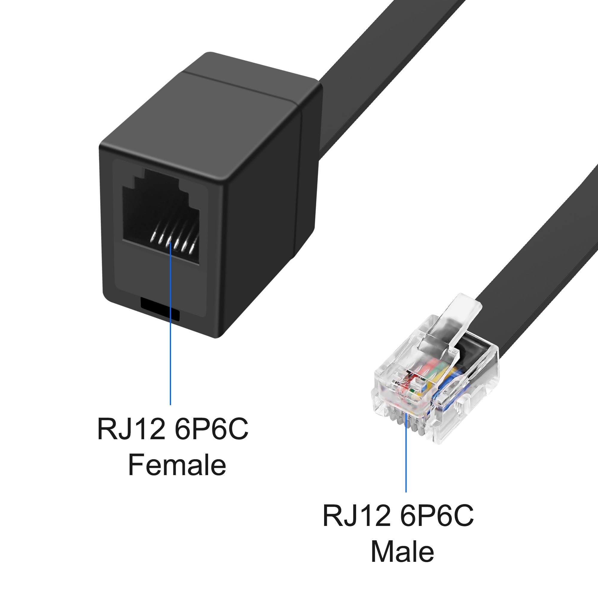 MEIRIYFA Lot de 2 câbles d'extension RJ12 6P6C femelle vers mâle RJ11/RJ12 Cat3 pour combiné téléphonique 30 cm