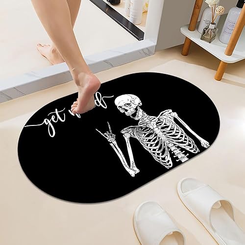 Alfombra de baño negra con diseño de calavera divertida, súper absorbente, de secado rápido, parte inferior de goma antideslizante, fácil de