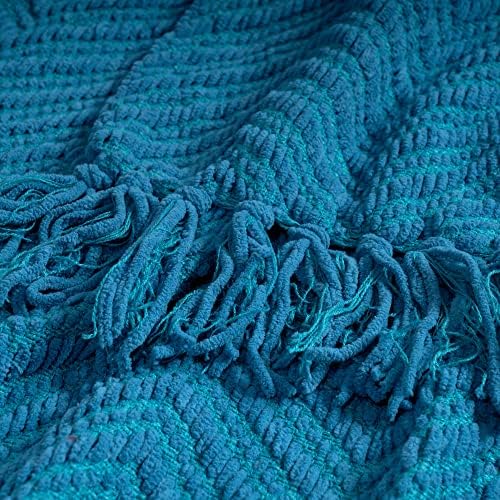 RECYCO Chenille Knit Throw Blanket for Couch (152x127cm), Super Soft Warm Cozy Decorative Teal Knitted Blanket Throw with Tassels for Bed Sofa Chair, Woven Chenille Blanket with Bonus Laundry Bag