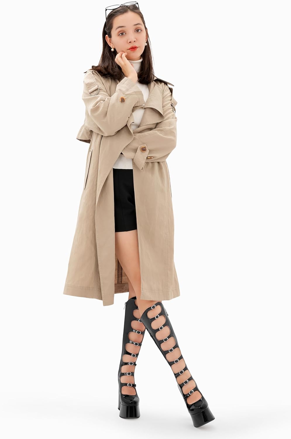 Z.Oufeier Women's Gothic Lolita High Chunky Heel Platform Knee High Boots Buckle Strap Patent Leather Heeled Long Boots