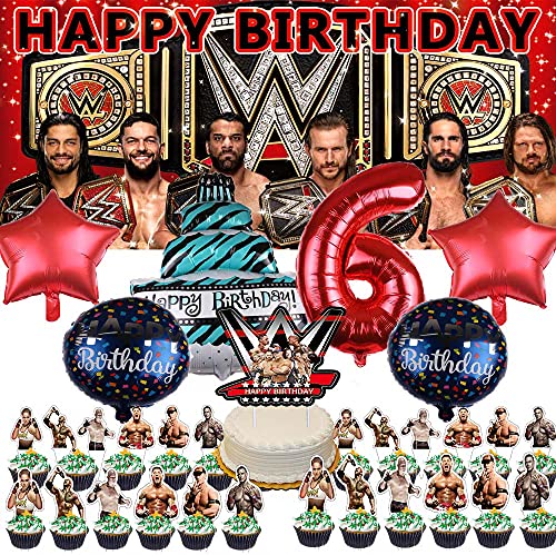 QUEENMO 6th WWE Birthday Party Supplies | Six | 6 Years Old | Decorations | Cake Topper | Banner | Backdrop | Balloons | Set | Decor