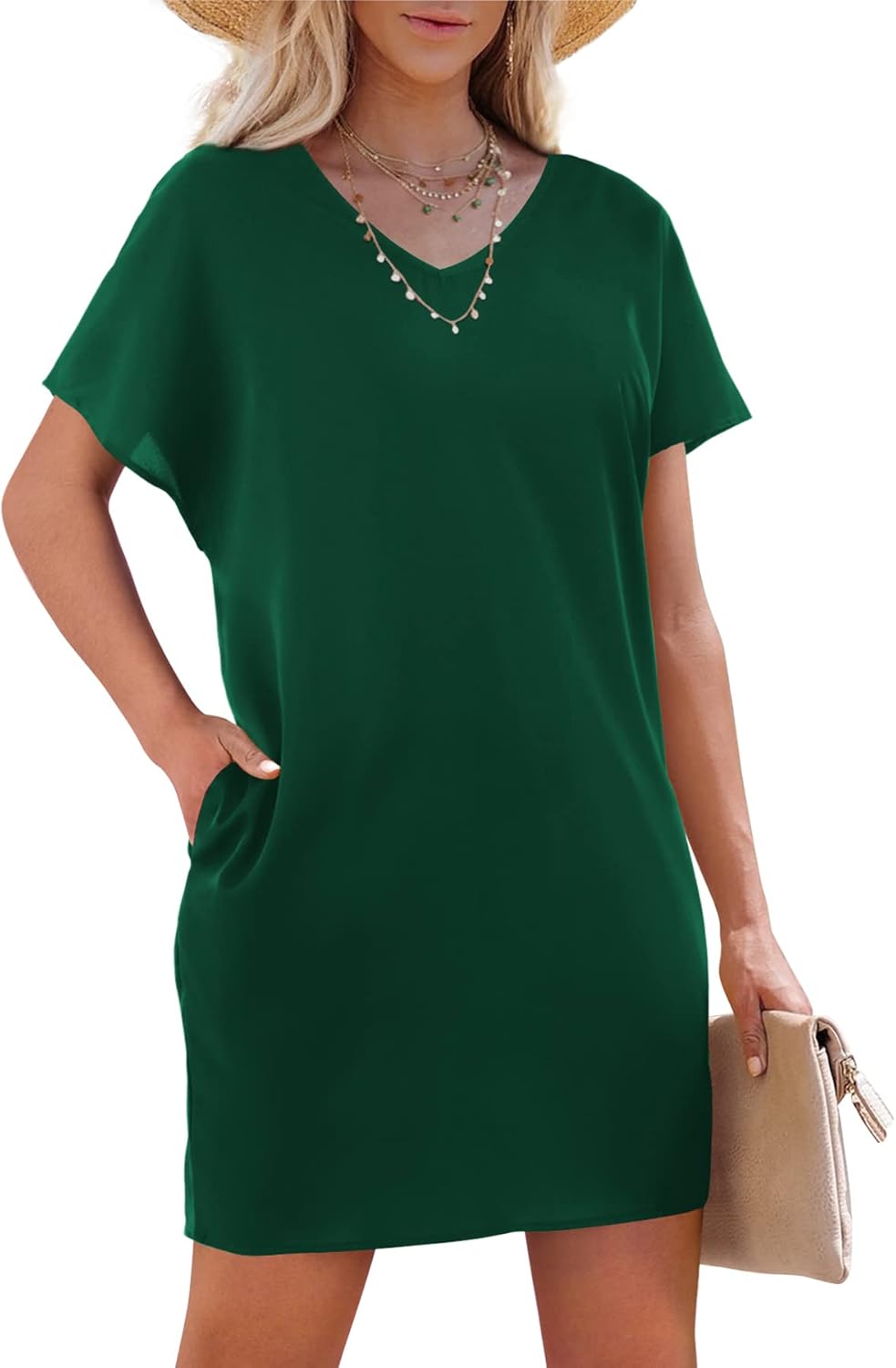 Amoretu Short Sleeve V Neck Mini Dresses Loose Fit Trendy Tunic Dress for Women with Pocket - Image 2