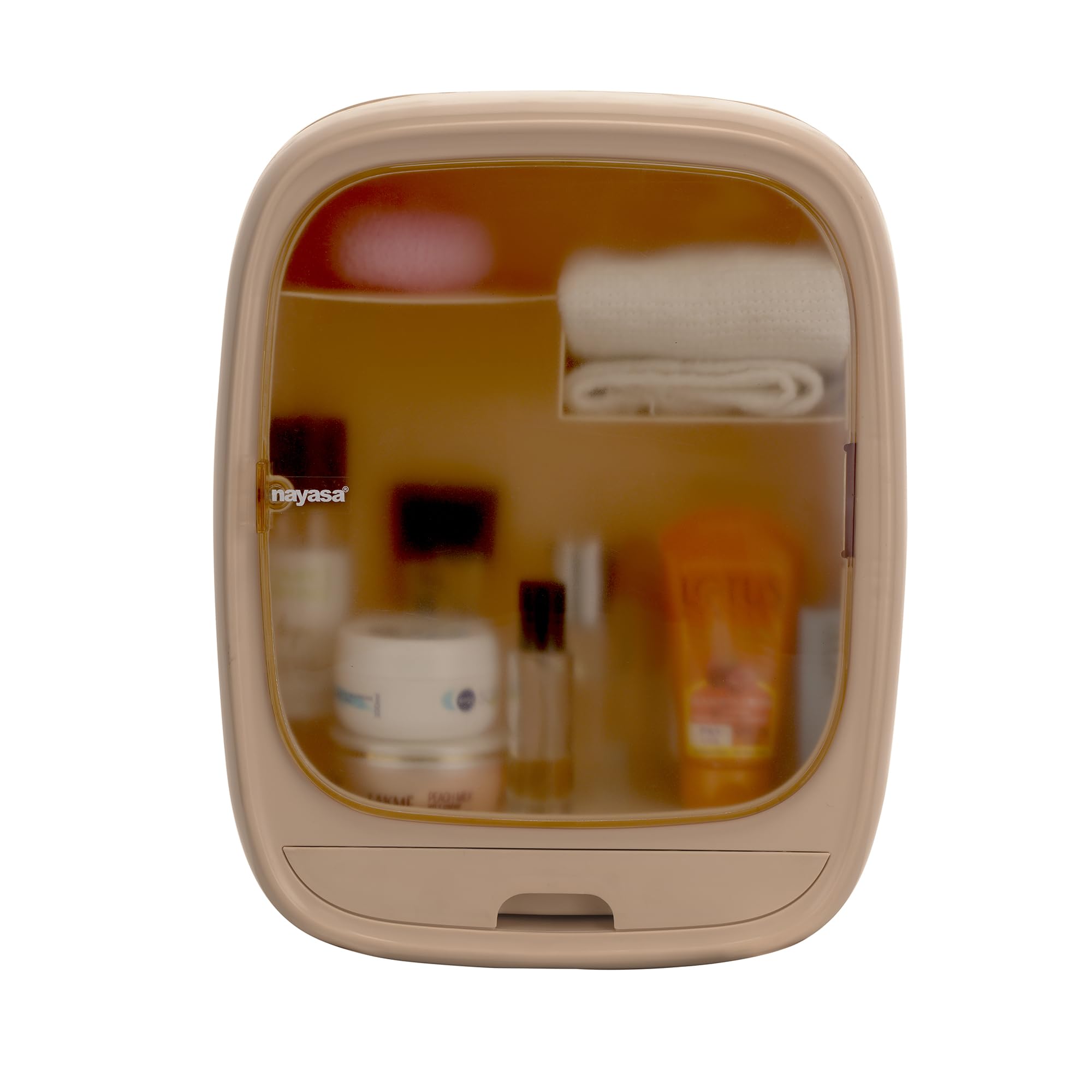 Nayasa Plastic Oval Bath Cabinet | 2 Story Storage Cabinet with Drawer | Semi Transparent Magnet Closer Door | Bathroom Storage Utility | 27cm x 11 cm x 36.5 cm | Cream