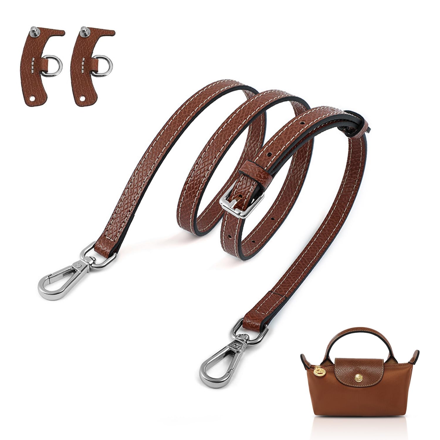 Proxima DirectLeather Shoulder Strap for Mini Longchamp Pouch Adjustable Free Punching Purse Strap Crossbody Handbag Replacement (Brown)