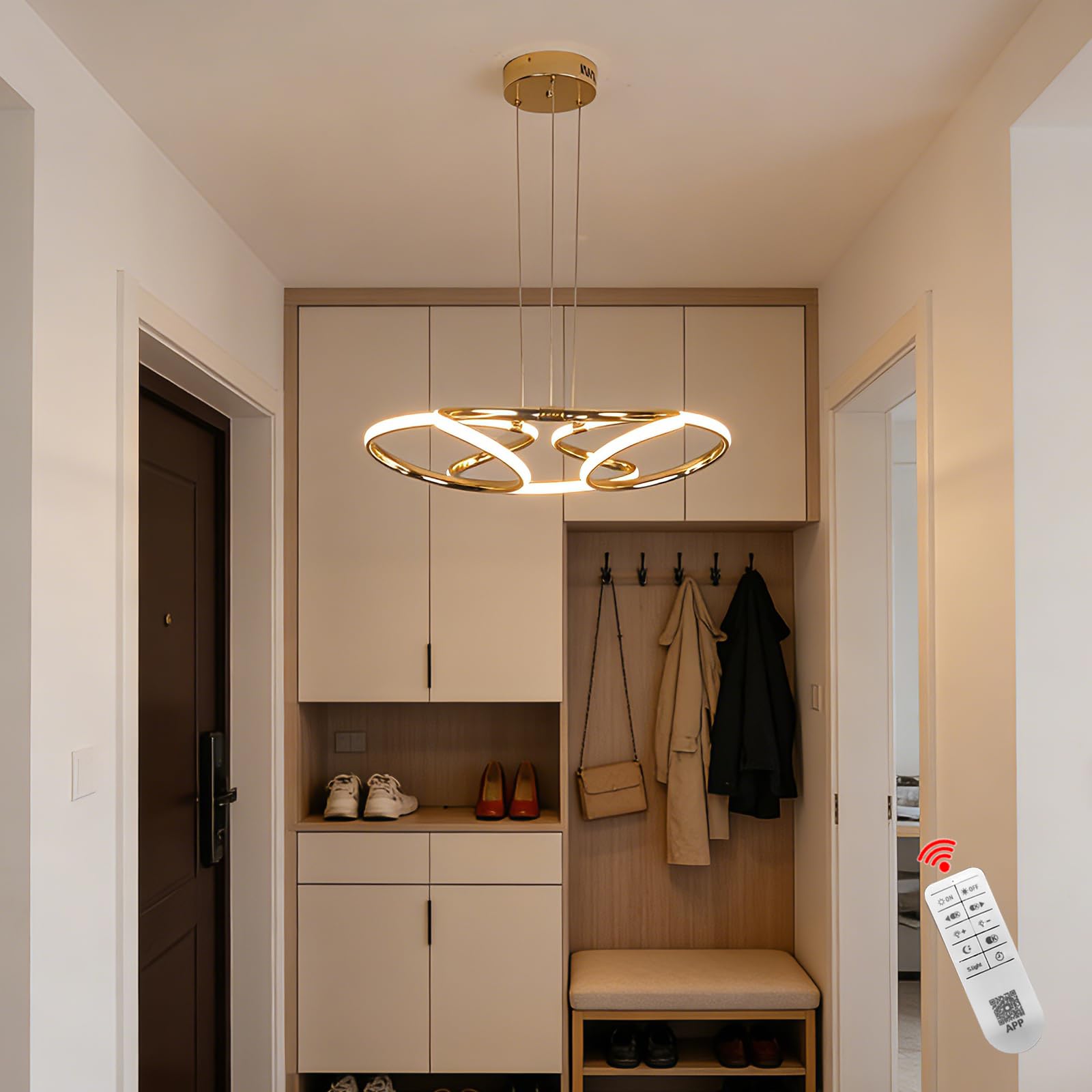 TONGCIYU Nowoczesny żyrandol do jadalni, kuchni, żyrandola i wejścia, ściemniana lampa wisząca LED o regulowanej wysokości, 32 W, do przedpokoju, salonu, sypialni, 58 cm (złoty M)