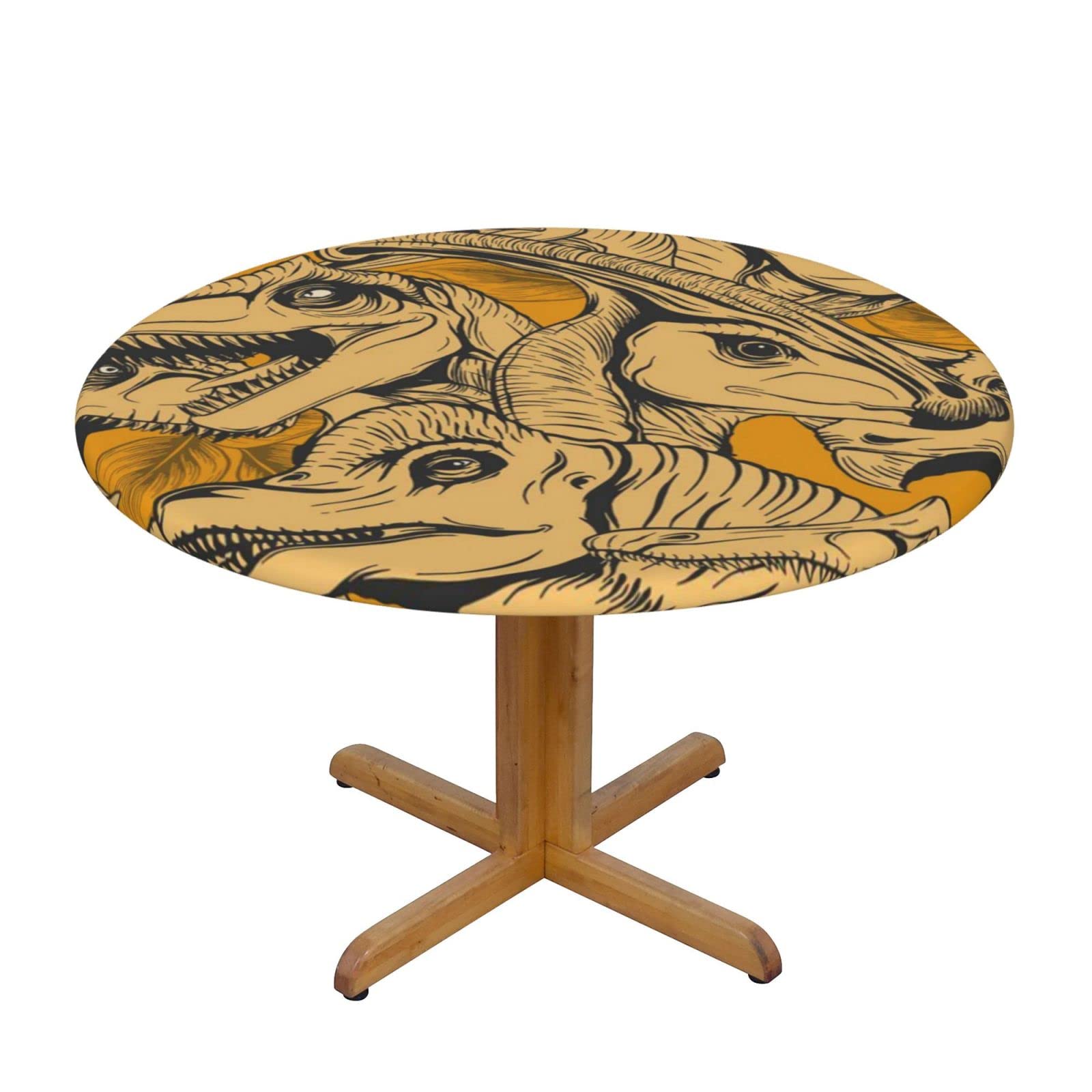 Lsjuee Round Fitted Tablecloth 45-50in Elastic Edged Table Cloth for Kitchen Dining Party Home Decor - Dinosaurs Yellow