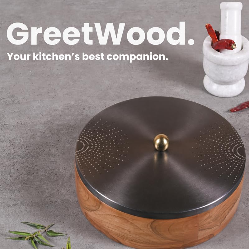 Image of Wooden Masala Box for Kitchen - 7 Stainless Steel Jars with Wooden Spoon | Stainless Steel Brass Lid with Knob | Multipurpose Dry Fruit & Spice Storage - GunMetal (SunRays Laser Etching)
