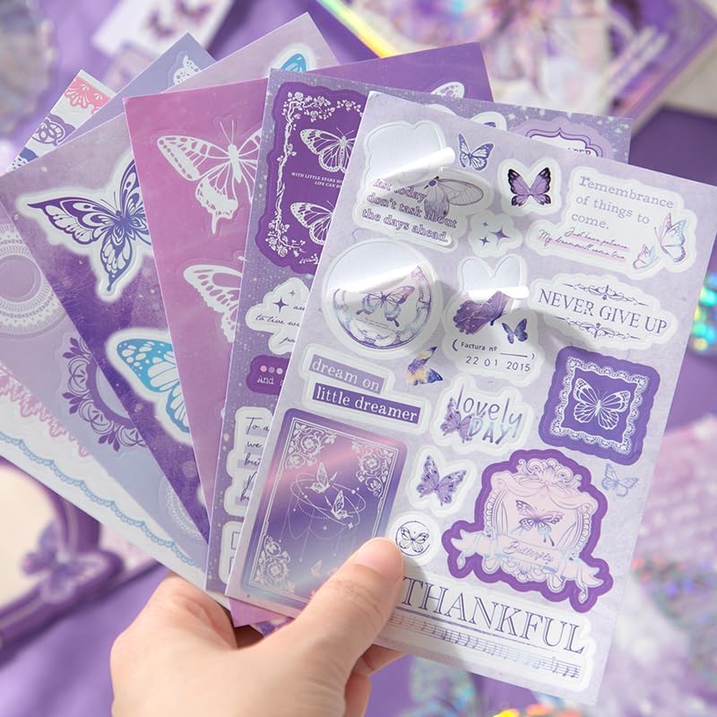 SVULINT Vintage Big Size Aesthetic Scrapbook Kit, Scrapbooking Supplies Kit with Bullet Junk Journal,Stationery,A6 Grid Notebook Journaling Gift Set (Purple Butterfly)