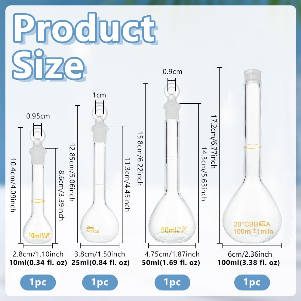 OLYCRAFT 4 boccetta tarata 10 ml/25 ml/50 ml/100 ml Set di boccetta tarata con tappo in vetro durata e resistenza chimica bottiglia di vetro per progetto scolastico di laboratorio