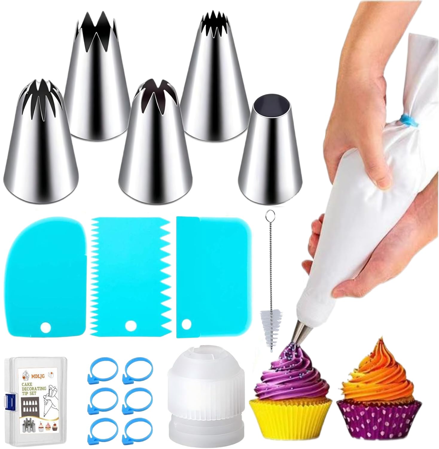 17 puntas de tubería extra grandes, kit de tuberías de acero inoxidable, puntas de pastelería profesionales, bolsas de tuberías reutilizables y decorar la boquilla de glaseado, puntas de
