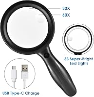 Ntrjtrss 33 LED-es Nagyító 30x/60x Nagyítással - USB Tölthető Kézi Olvasó Nagyító 3 Fényerősséggel - Időseknek, Gyerekeknek, Ékszerészeknek  5
