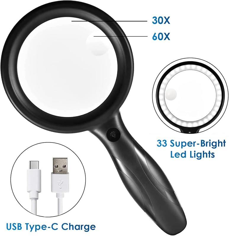 Ntrjtrss 33 LED-es Nagyító 30x/60x Nagyítással - USB Tölthető Kézi Olvasó Nagyító 3 Fényerősséggel - Időseknek, Gyerekeknek, Ékszerészeknek