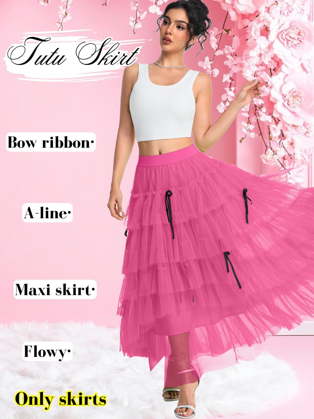 Bow Tulle Skirt,Ruffle Layered Skirts for Women,Birthday Festival Renaissance Fairy Outfits - Image 4