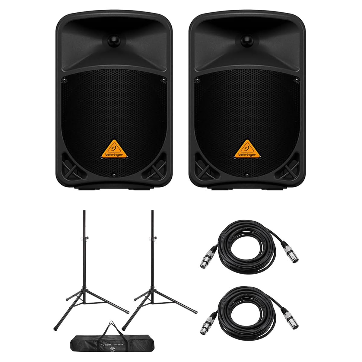 Behringer Eurolive B108D 8" 300W 2-Way Active PA Powered Speaker, Pair, Bundle with Speaker Stands and XLR Cables