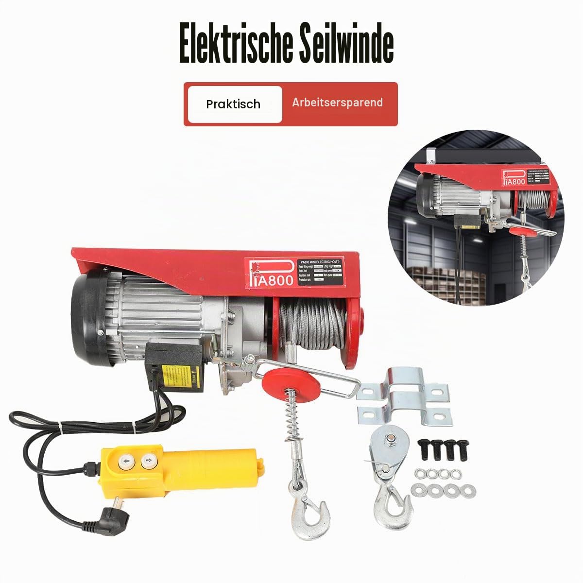 Seilwinde Elektrisch Seilzug Flaschenzug 400/800 KG Motorwinde Elektrisch Winde Hebezug Winden Hebezeuge für Garage Lager Fabrik, mit Kabelfernbedienung, 220V 1300W