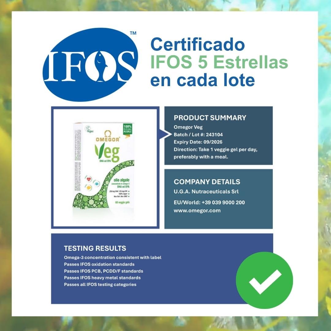 Omega 3 Vegano OMEGOR Veg (60 Cápsulas) Omega3 Algas Marinas Certificado IFOS y Vegan Society - EPA y DHA con Vitamina E