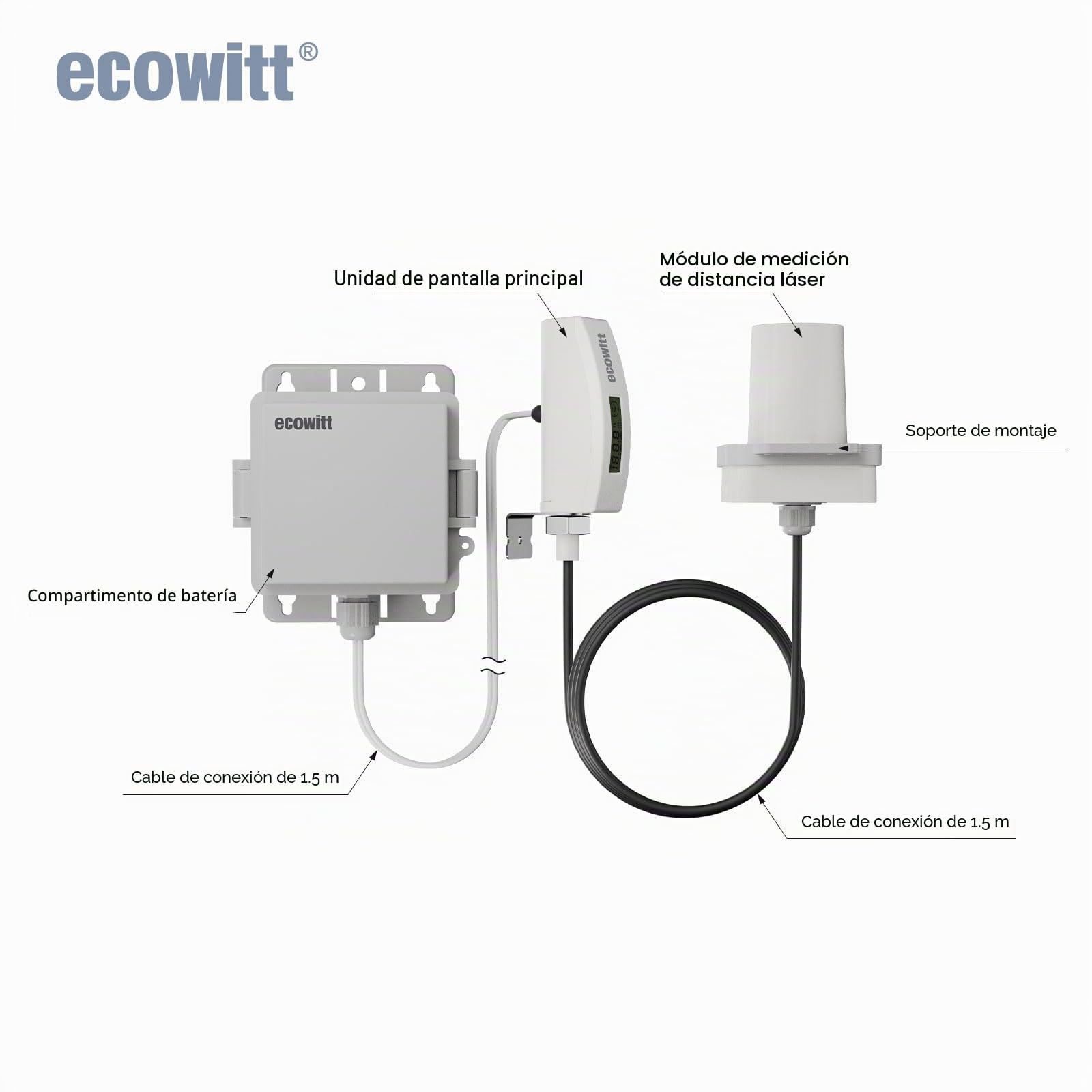 ECOWITT Medidor de Distancia Láser LDS01, 4-3.5M Dispositivo de Medición Láser con Cable de 1.5M, Herramienta de Medición Láser para Exterior para Nivel de Agua/Nieve/Profundidad de Aceite con LCD