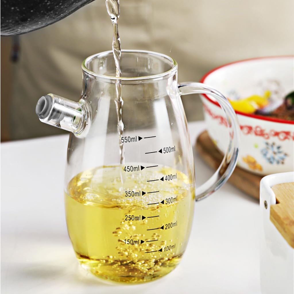 Botella dispensadora de aceite de vidrio, Dispensador de aceite y vinagre de vidrio con escala y boquilla antigoteo (350/550/850 ml)(850ML)