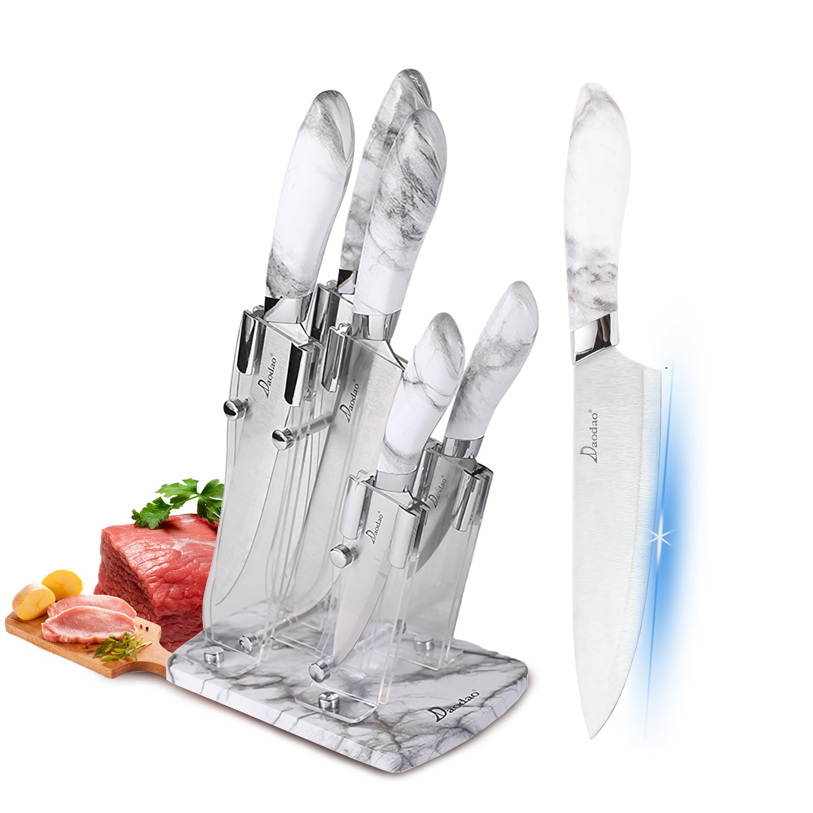 Kitchen Knife Set, AVEKI 6-Pieces Stainless Steel Cooking Knife Set with Acrylic Stand, Ultra Sharp Marble Cracks Chef Knives Set with Ergonomic Handle, Cooking Knives Suitable for Home (White)