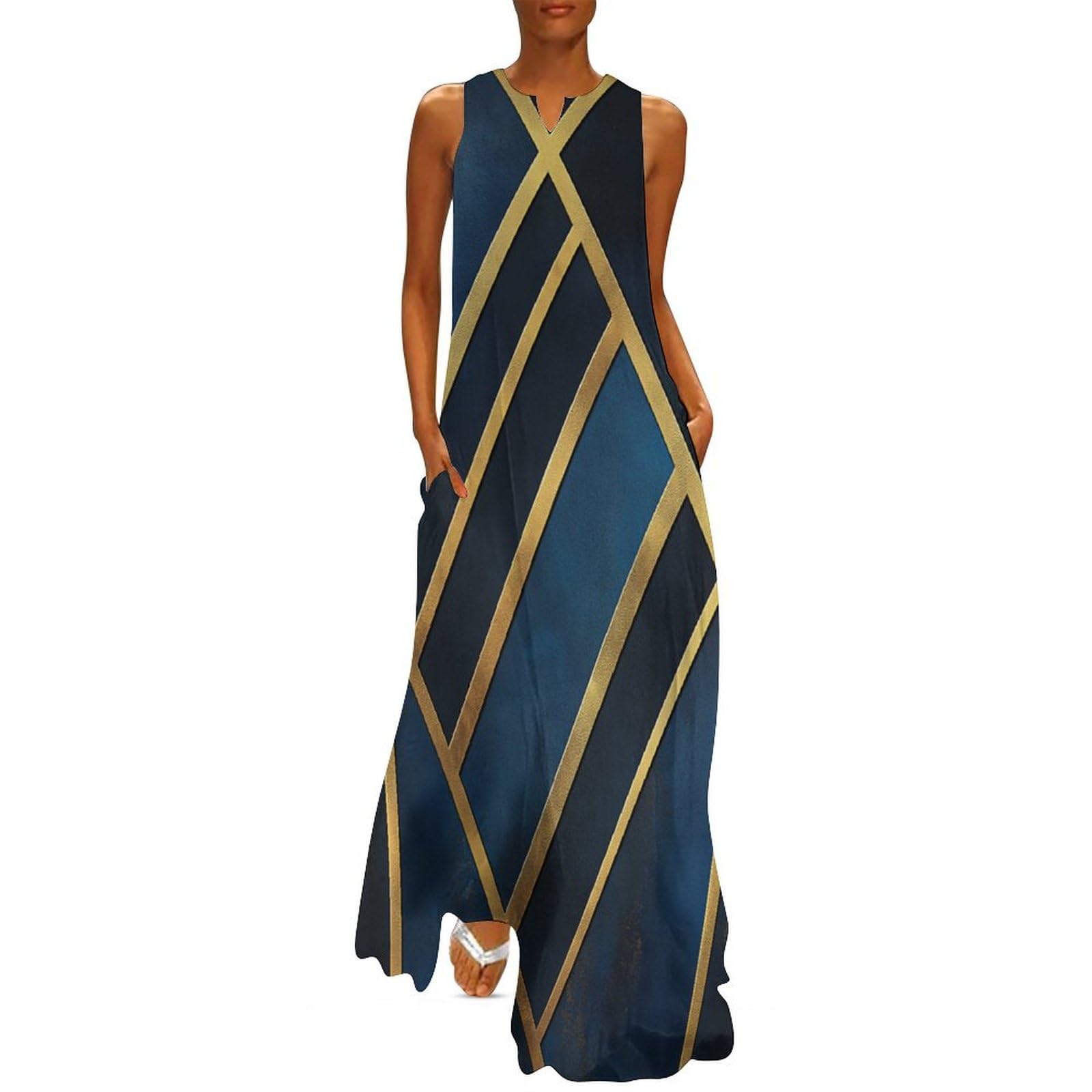 Abiti Donna Estivi Linee Geometriche Casual Vestiti Lunghi Motivo Geometrico Simmetrico Senza Maniche Vestito Elegante Scollo a V Linea ad A Maxi Abito con Tasche