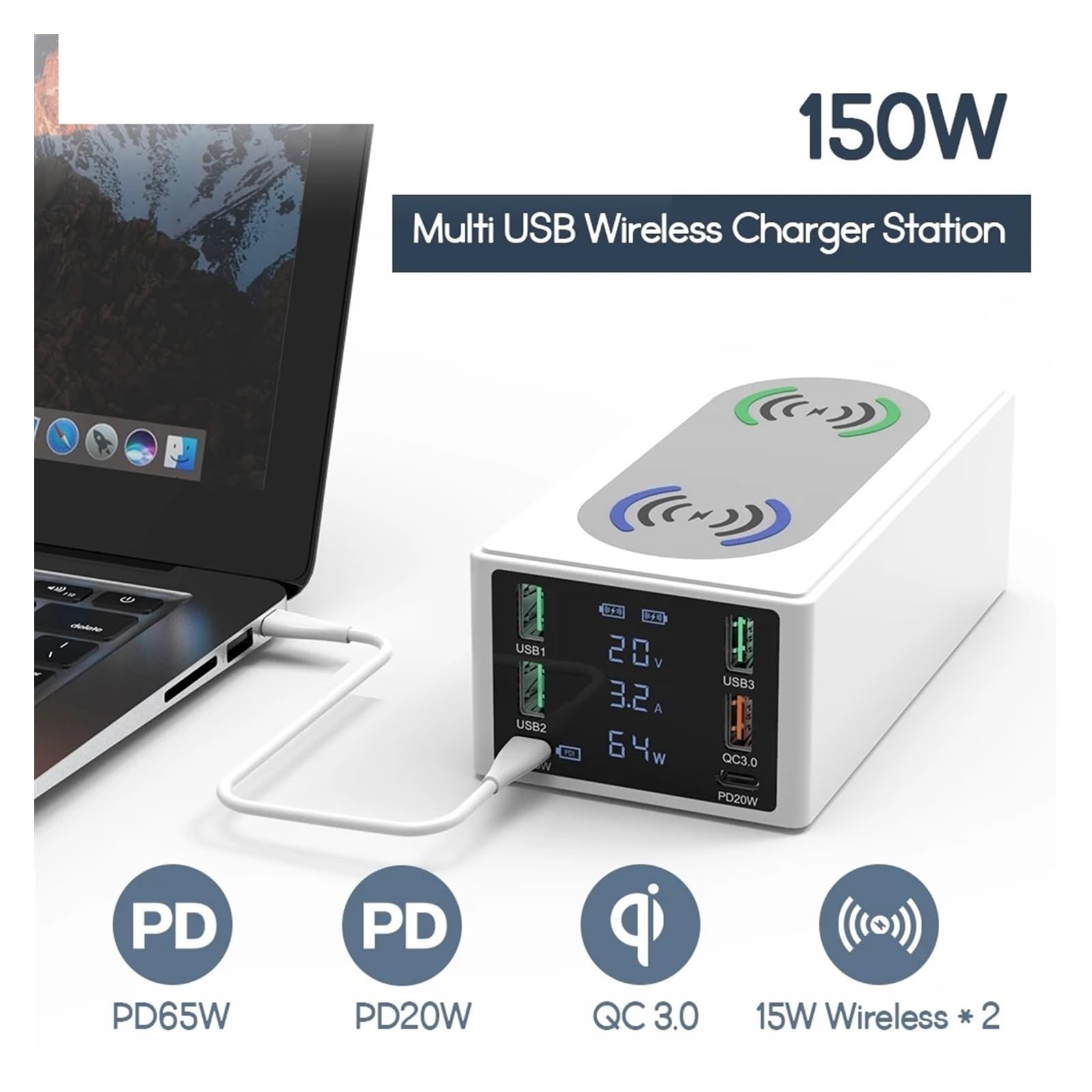 Ładowarka USB, Stacja szybkiego ładowania USB typu C PD o mocy 150 W Bezprzewodowa ładowarka Qi Szybkie ładowanie 4.0 3.0 Ładowarka do telefonu USB, Szybki, wydajny i wszechstronny(Nero)