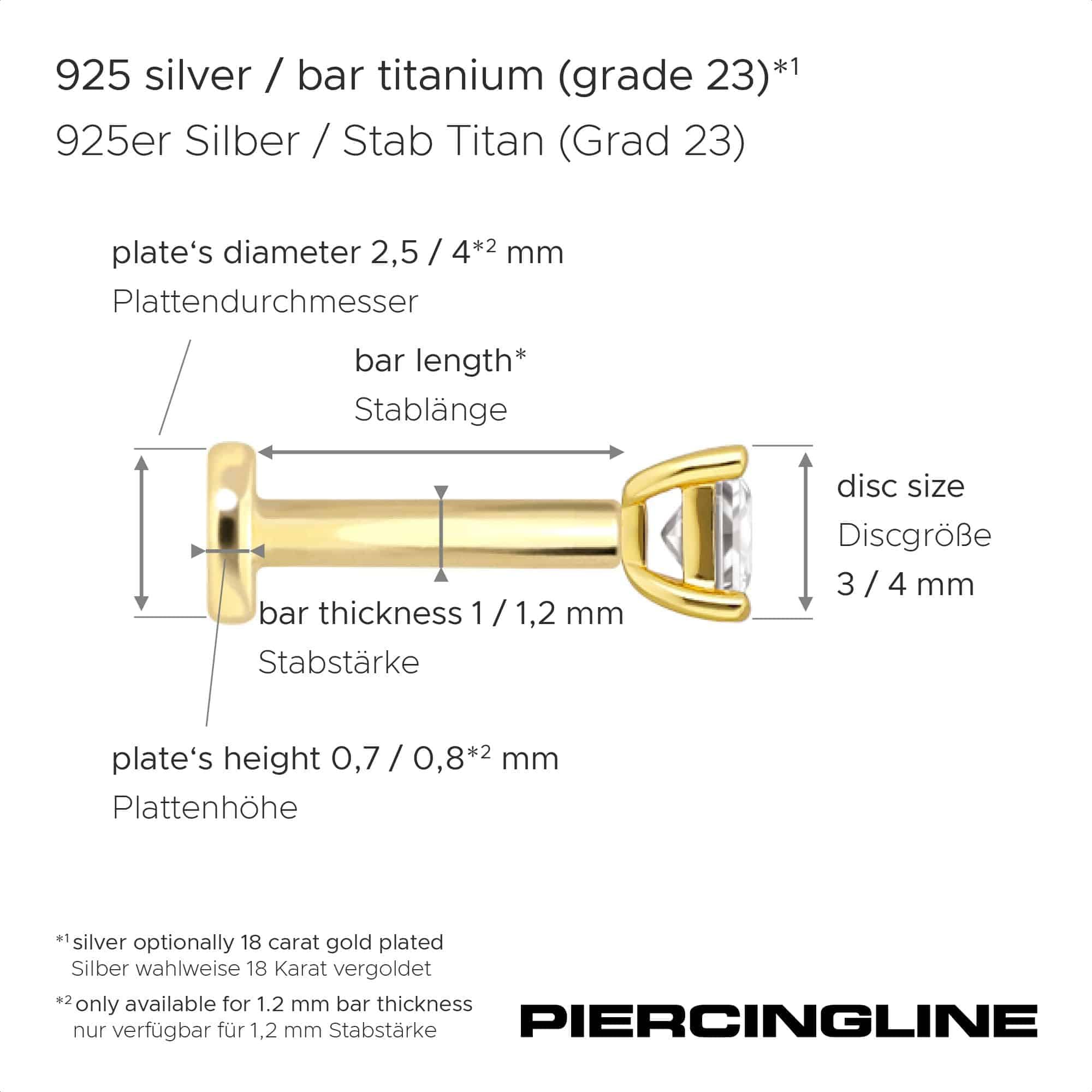 PIERCINGLINE Piercing Stecker Titan Labret mit Innengewinde + 925er Silber Aufsatz MOISSANIT-QUADRAT - Goldfarben, Silberfarben