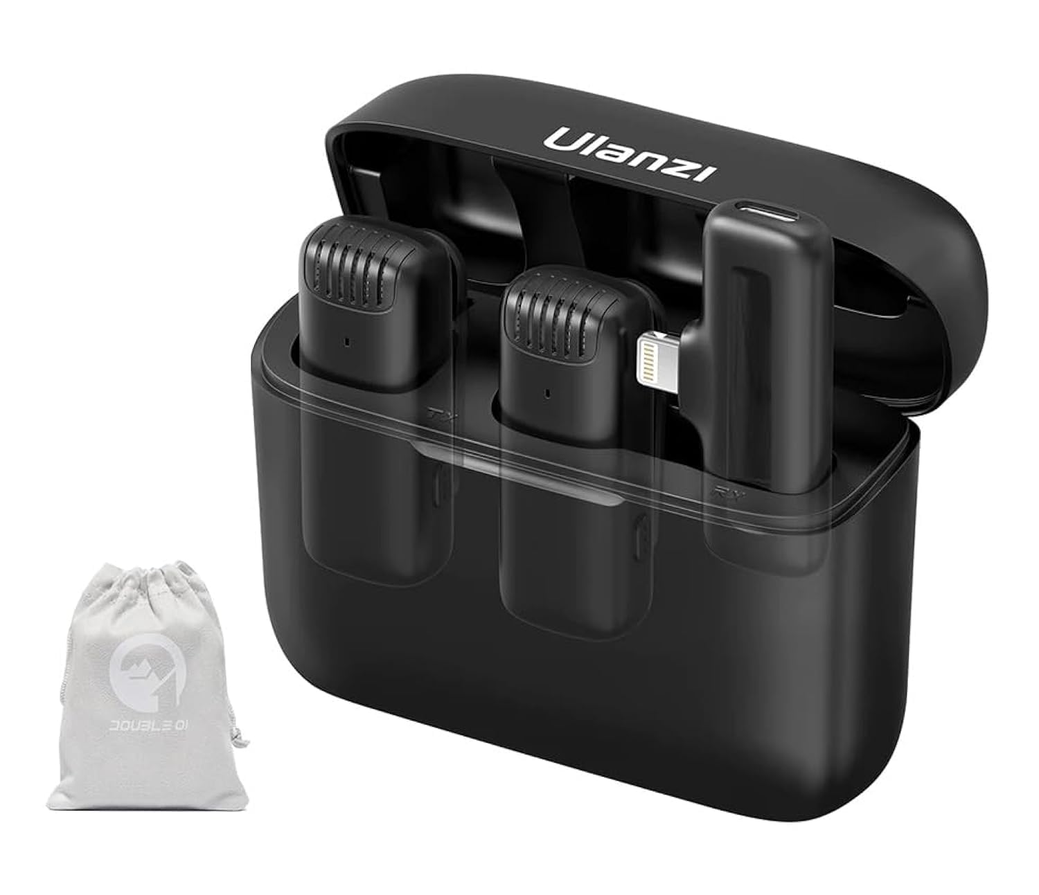 Double O1 ULANZI J12 Wireless Microphone for iPhone iPad | 2-in-1 Plug & Play | Charging Case | 7h Battery | For Real Estate Interview YouTube Vlogging | 20m Range | 1-Yr Warranty | Pouch + iOS Black