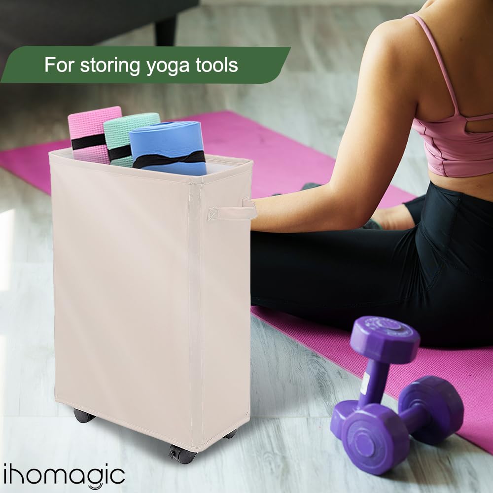 IHOMAGIC Wasmand met uitneembare waszakken, 62 l, dunne wasmand op wielen, hoge wasmand voor handdoeken, schildergereedschap (lichtgrijs