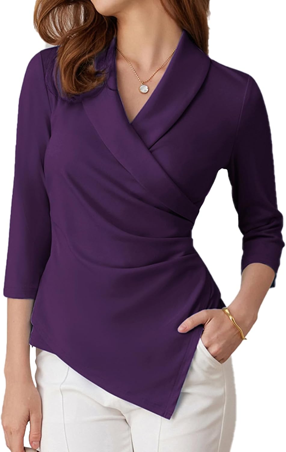 GRACE KARIN Damesblouse met V-hals, 3/4 mouw, tuniek, elegante geplooide tuniek, blouses, voor kantoor en casual, S