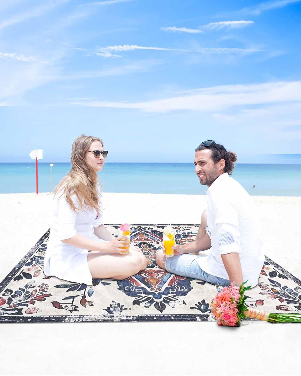 Boho Abstract Flower Leaves Texture Beach Blanket Waterproof Sandproof Outdoor Picnic Mat 118"x108" Ethnic Vintage Floral Art Lightweight Large Beach Blankets with 4 Stake & 4 Corner Pockets