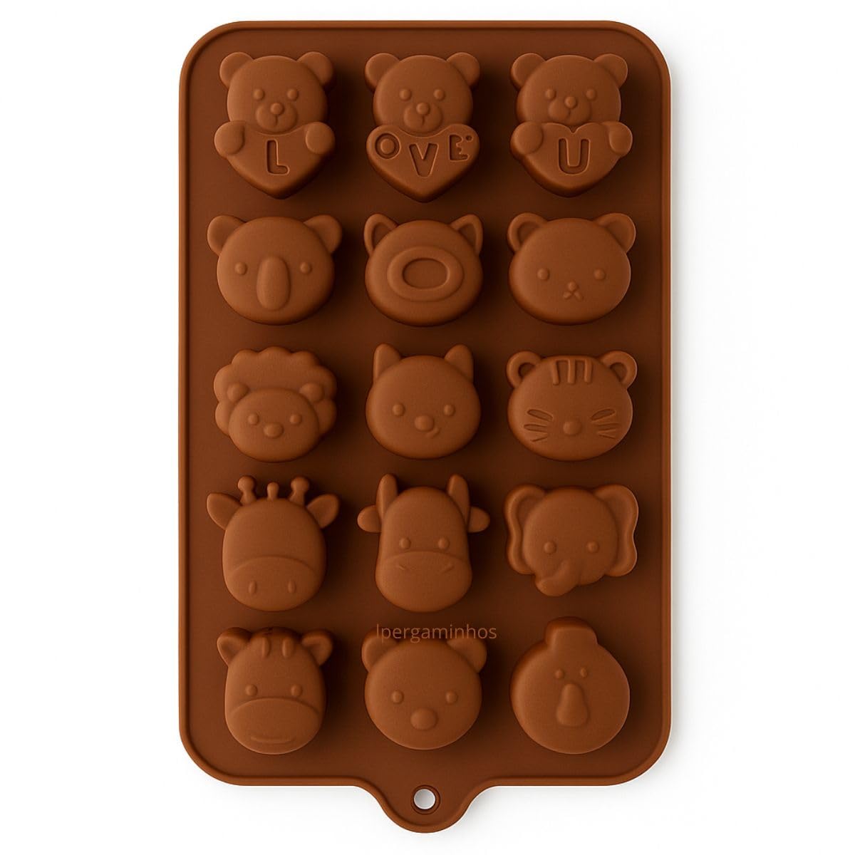 Forma de Silicone para Bombom Molde com 15 Cavidades de Animais 21x10cm Marrom