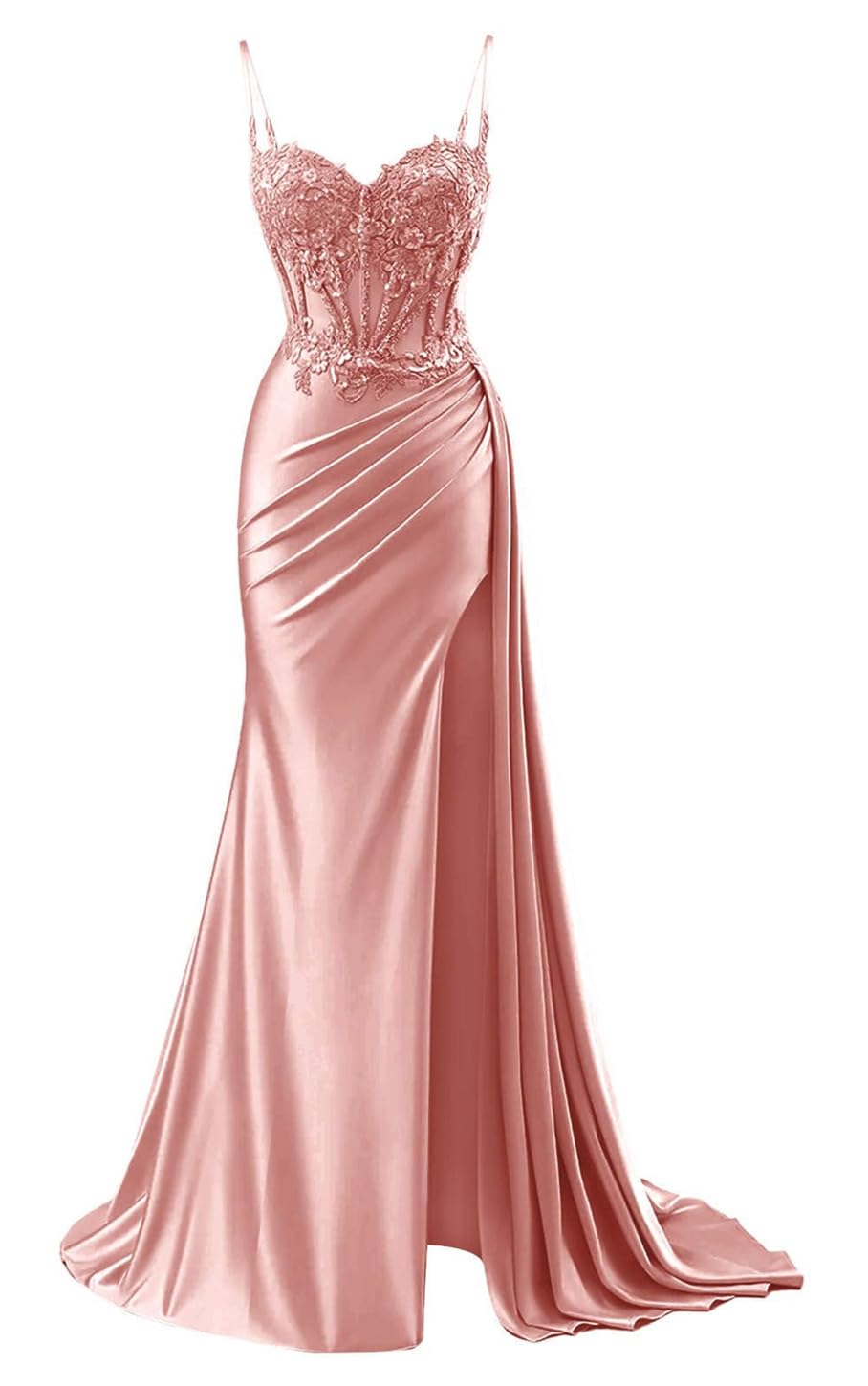YIANN Mermaid Dusty Rose Prom Dresses with Slit Lace Applique Spaghetti Strap Long Satin Formal Evening Gown UK14